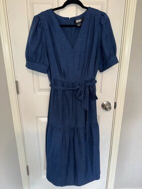Dkny Navy Textured V-Neck Midi Dress with Tie Waist